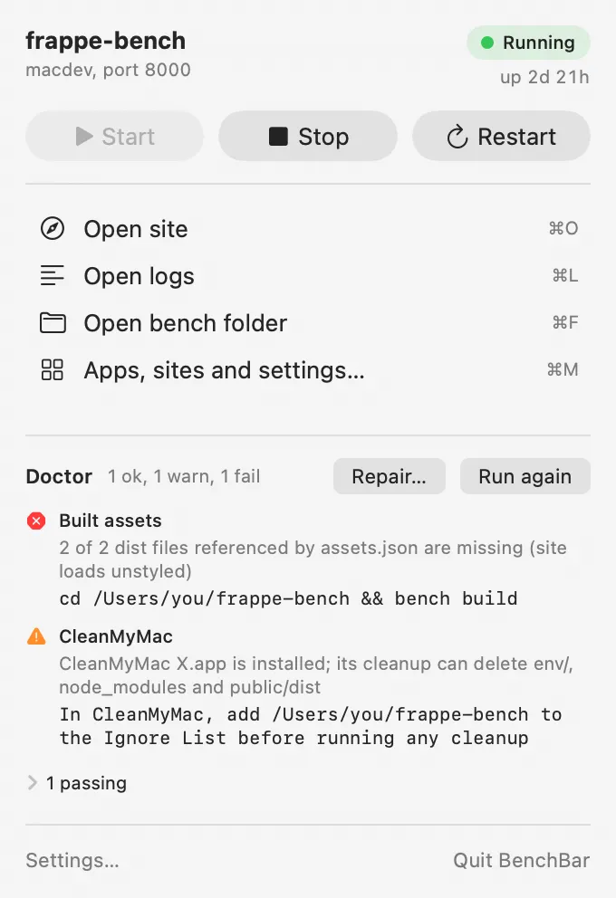 The BenchBar popover: a running bench with Start, Stop, Restart, shortcuts and doctor results