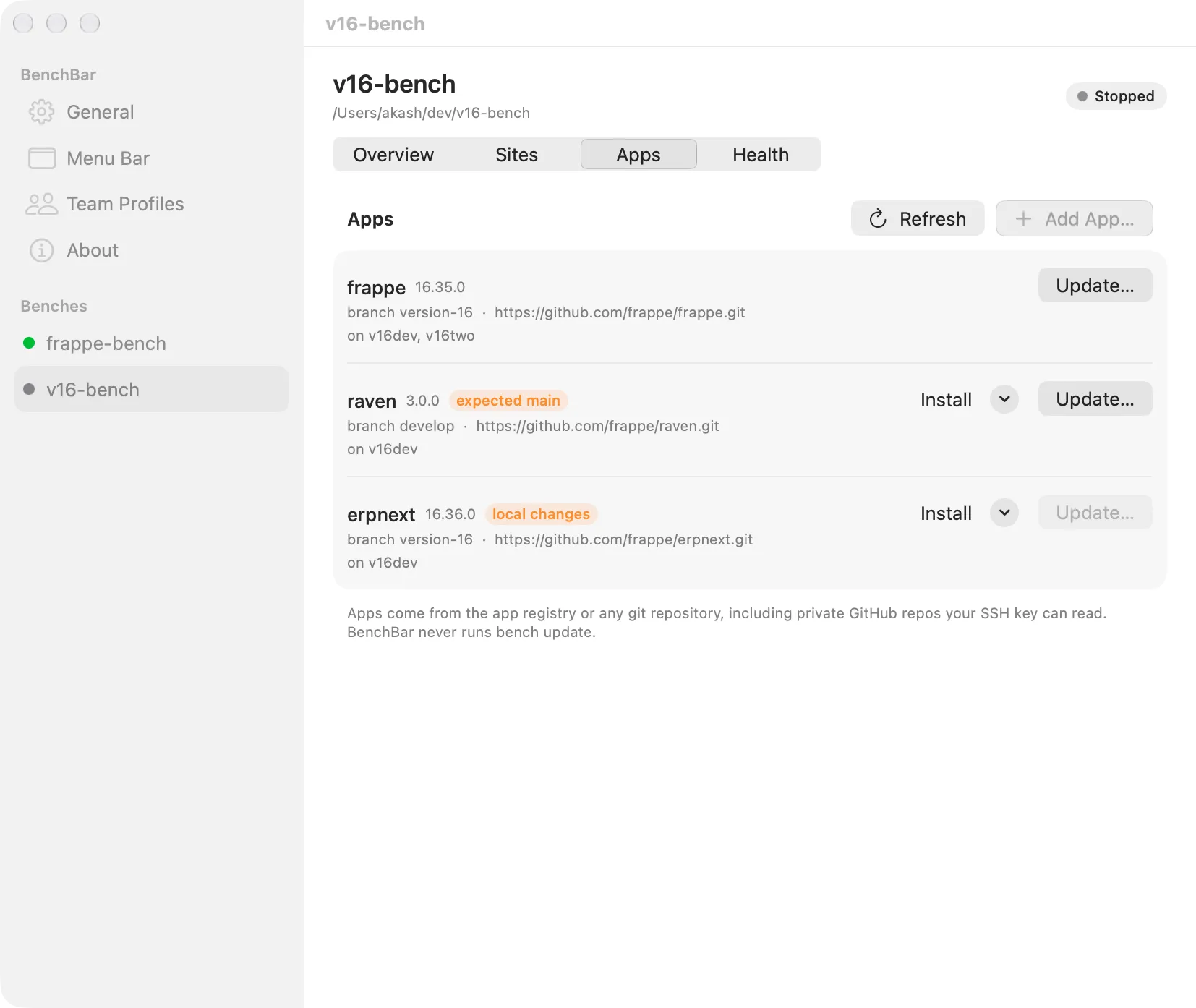 A bench's apps: branch, repository, the sites that have each app, Install and Update